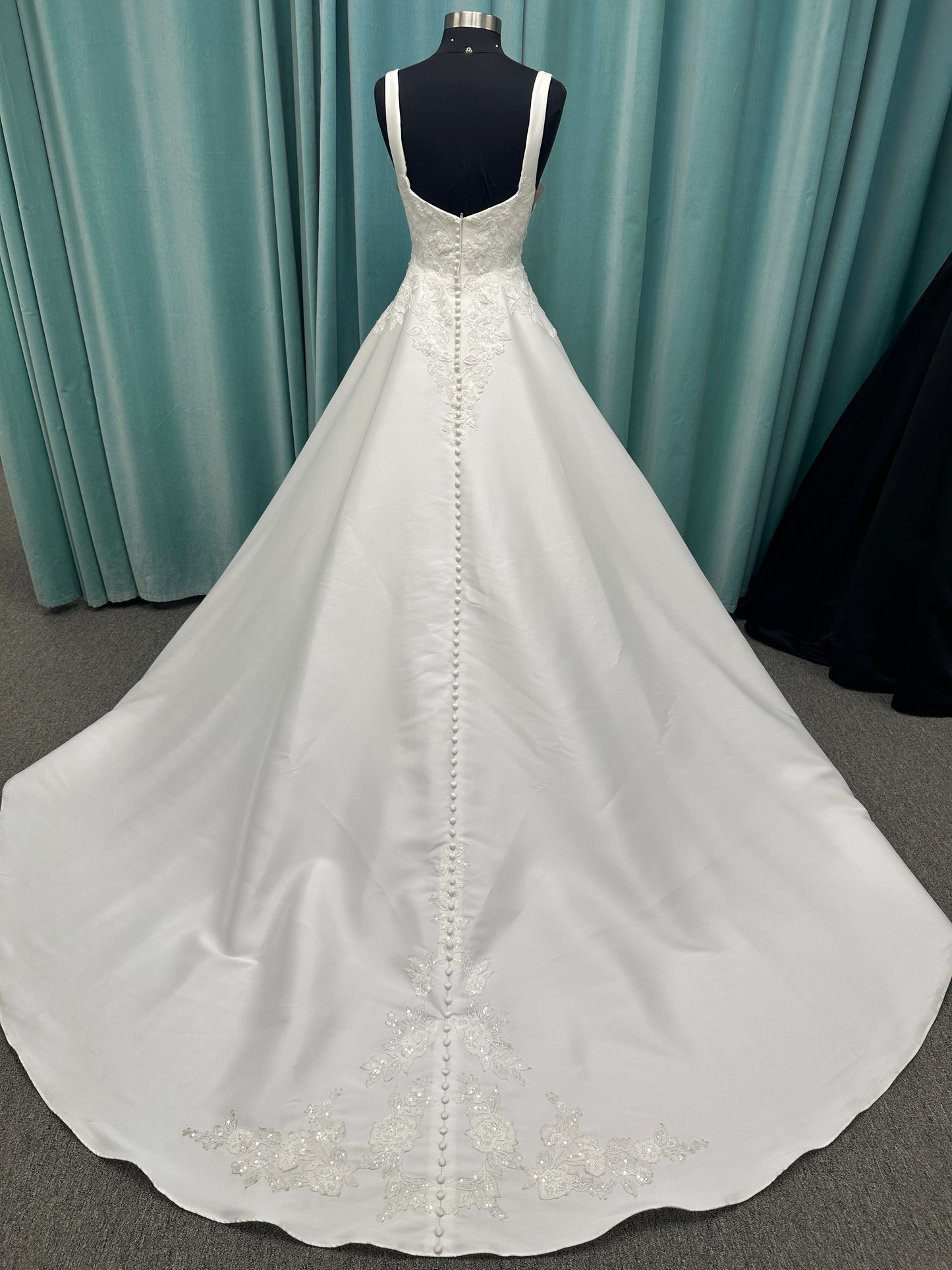 Stella York 7897 Mikado A-line wedding dress with square neckline, wide straps, lace bodice detail, and pockets