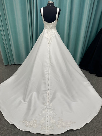Stella York 7897 Mikado A-line wedding dress with square neckline, wide straps, lace bodice detail, and pockets