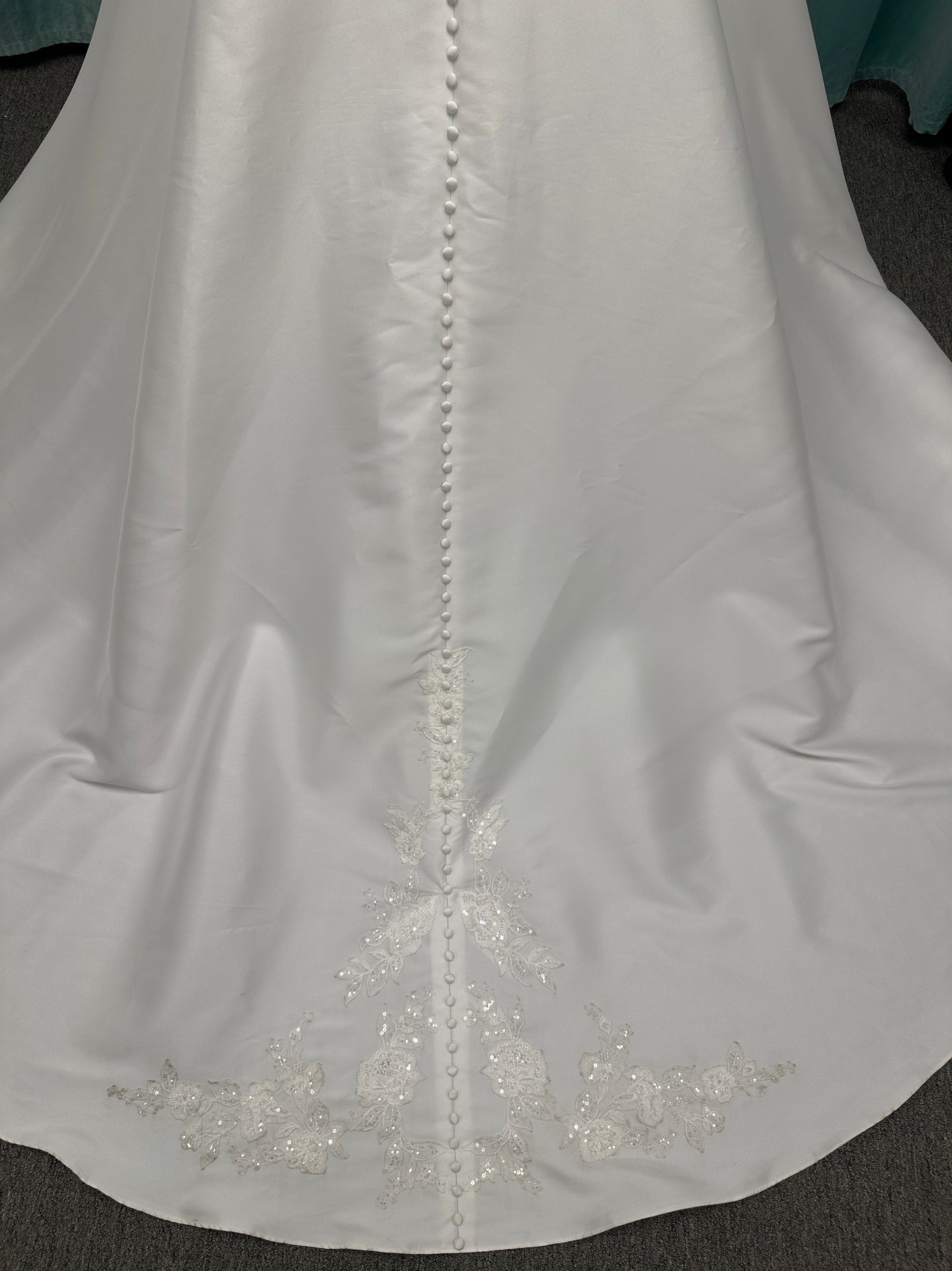 Stella York 7897 Mikado A-line wedding dress with square neckline, wide straps, lace bodice detail, and pockets