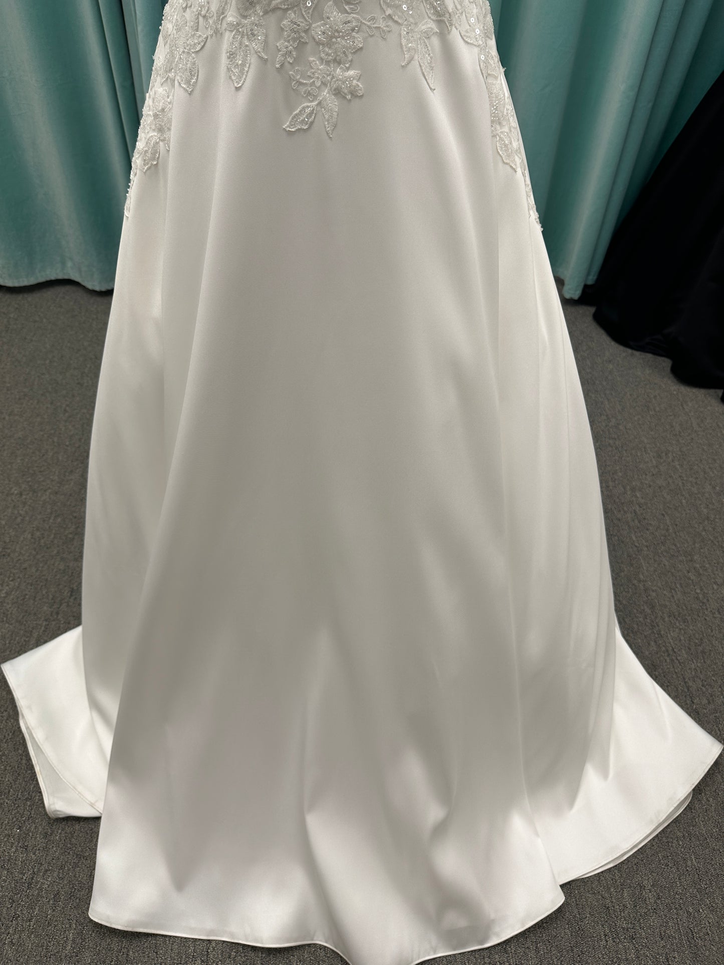 Stella York 7897 Mikado A-line wedding dress with square neckline, wide straps, lace bodice detail, and pockets
