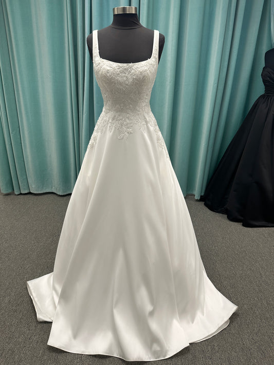 Stella York 7897 Mikado A-line wedding dress with square neckline, wide straps, lace bodice detail, and pockets