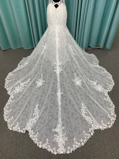Starr ivory lace fit-and-flare wedding dress on mannequin with sweetheart neckline, delicate straps, and low open back with sweeping train.
