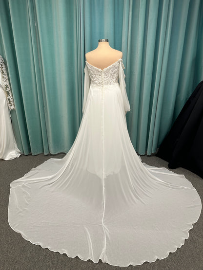 Plus size lace A-line wedding dress with detachable long blouson sleeves and flowing chiffon skirt