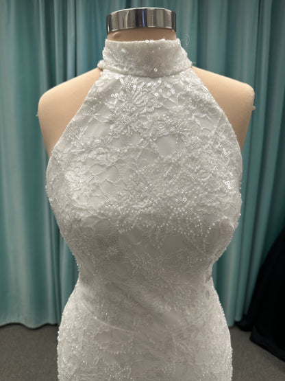 Stella York 7954 halter wedding dress with embellished floral lace, beaded detail, and fitted column silhouette with low back