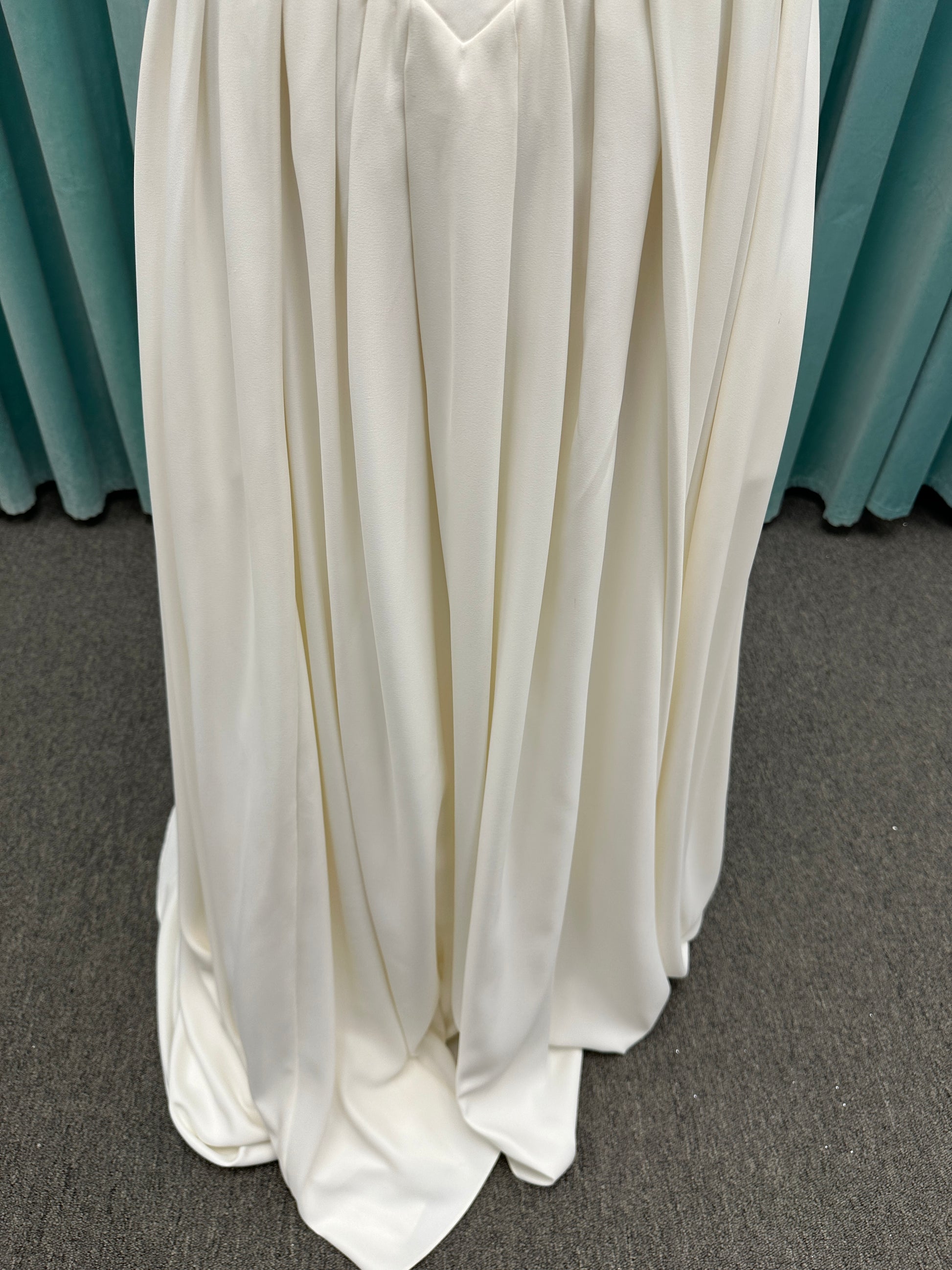 Essense of Australia D4269 matte satin A-line wedding dress with strapless draped bodice and Basque waist