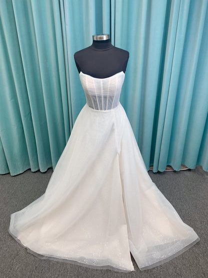 Morilee 15062 Tara A-line wedding dress in sparkle tulle over metallic net with strapless scoop neck, corset boning, and high front slit in Ivory/Champagne/Honey.