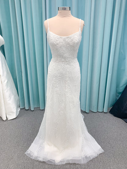 Morilee 1362 Tatianna fit and flare wedding dress with spaghetti straps, allover pearl and crystal beaded net, and sheer corset-boned back in Ivory/Champagne/Honey.