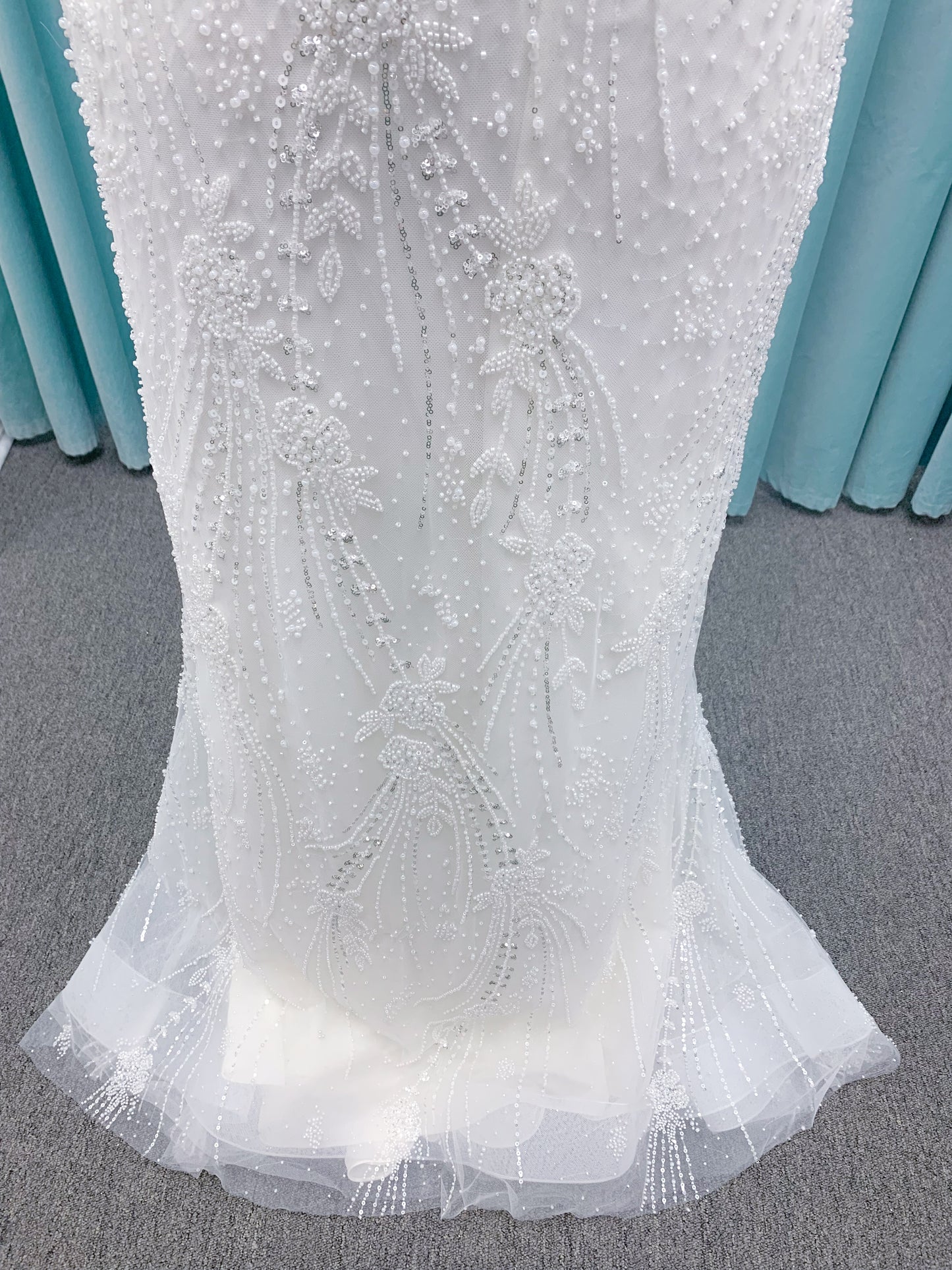 Morilee 1362 Tatianna fit and flare wedding dress with spaghetti straps, allover pearl and crystal beaded net, and sheer corset-boned back in Ivory/Champagne/Honey.