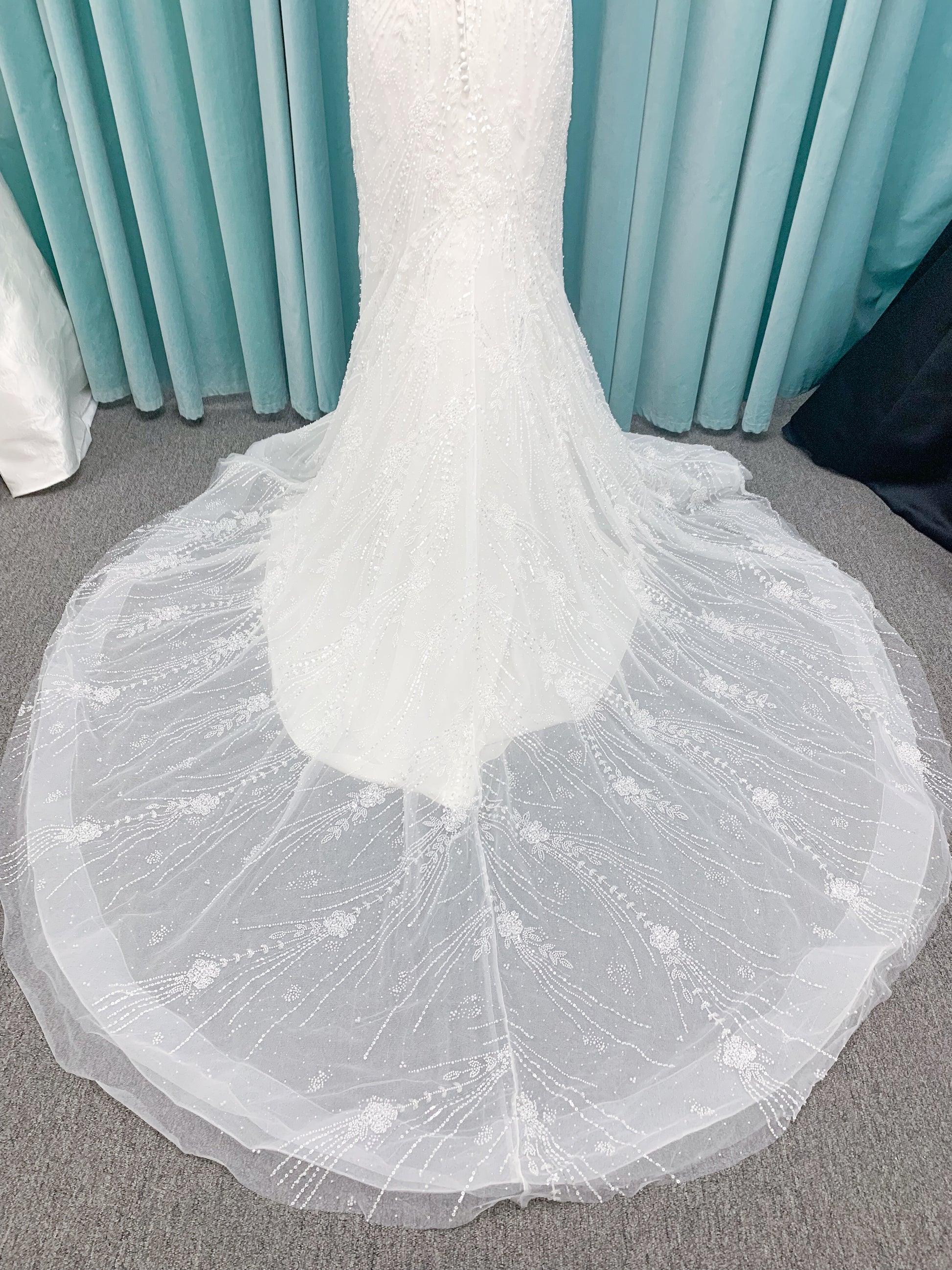 Morilee 1362 Tatianna fit and flare wedding dress with spaghetti straps, allover pearl and crystal beaded net, and sheer corset-boned back in Ivory/Champagne/Honey.