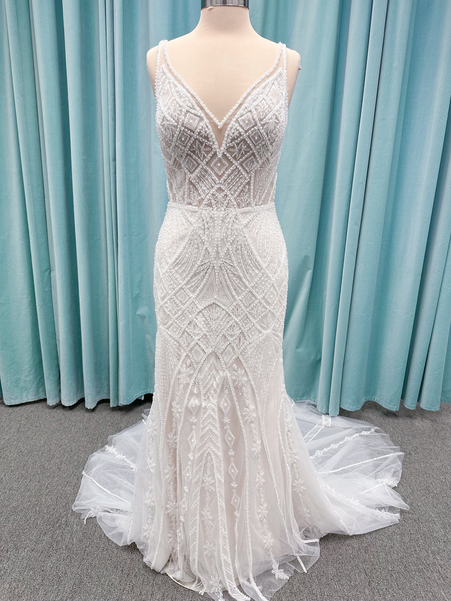Tori Fit and Flare Wedding Dress in Ivory/Light Champagne, Size 14 — intricate beading, geometric embellishments, fit and flare silhouette