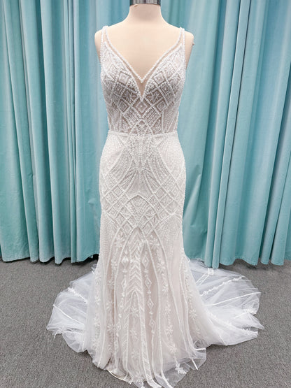 Tori Fit and Flare Wedding Dress in Ivory/Light Champagne, Size 14 — intricate beading, geometric embellishments, fit and flare silhouette