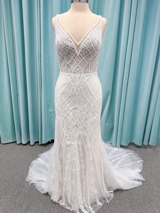 Tori Fit and Flare Wedding Dress in Ivory/Light Champagne, Size 14 — intricate beading, geometric embellishments, fit and flare silhouette