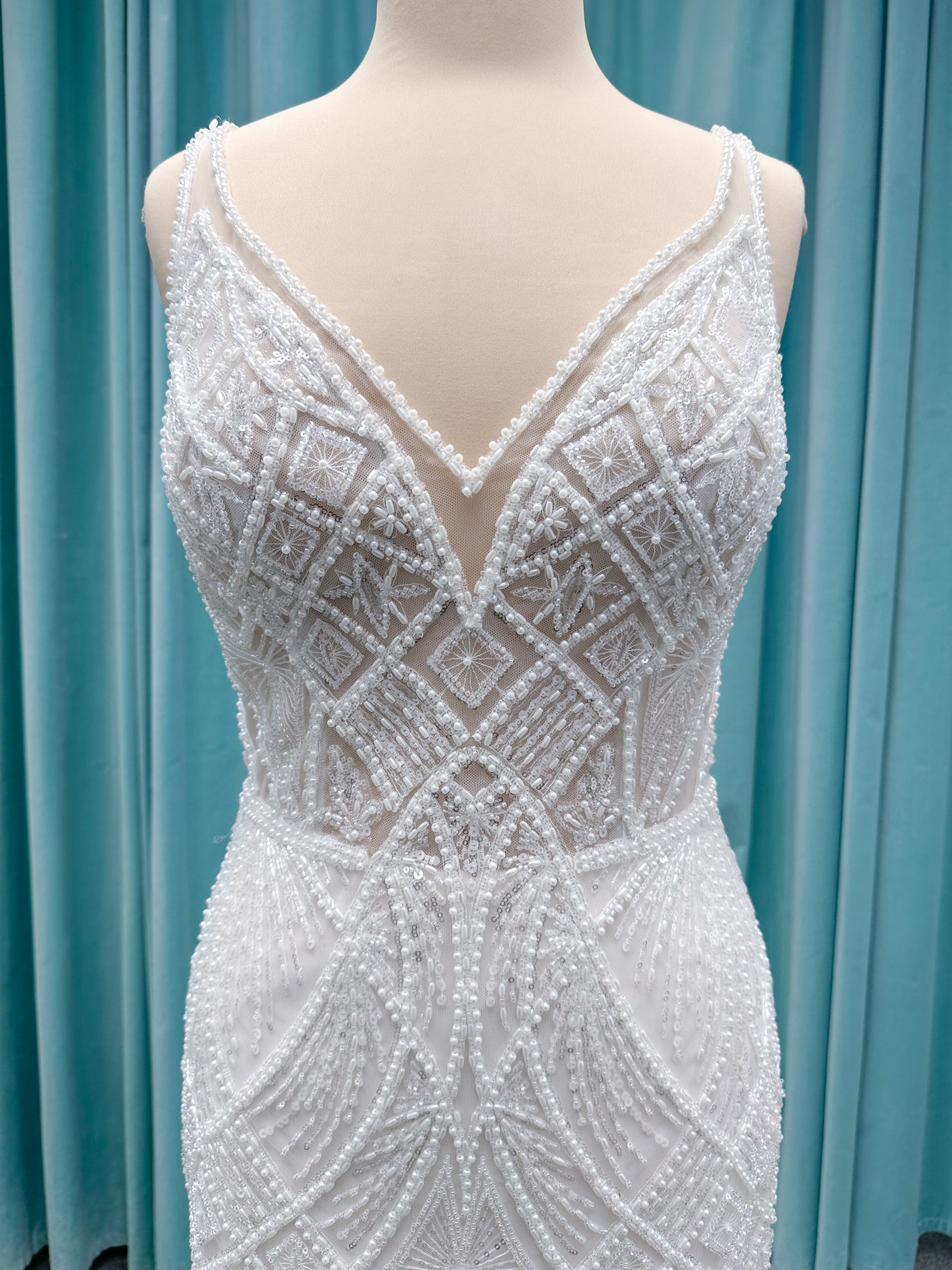 Tori Fit and Flare Wedding Dress in Ivory/Light Champagne, Size 14 — intricate beading, geometric embellishments, fit and flare silhouette