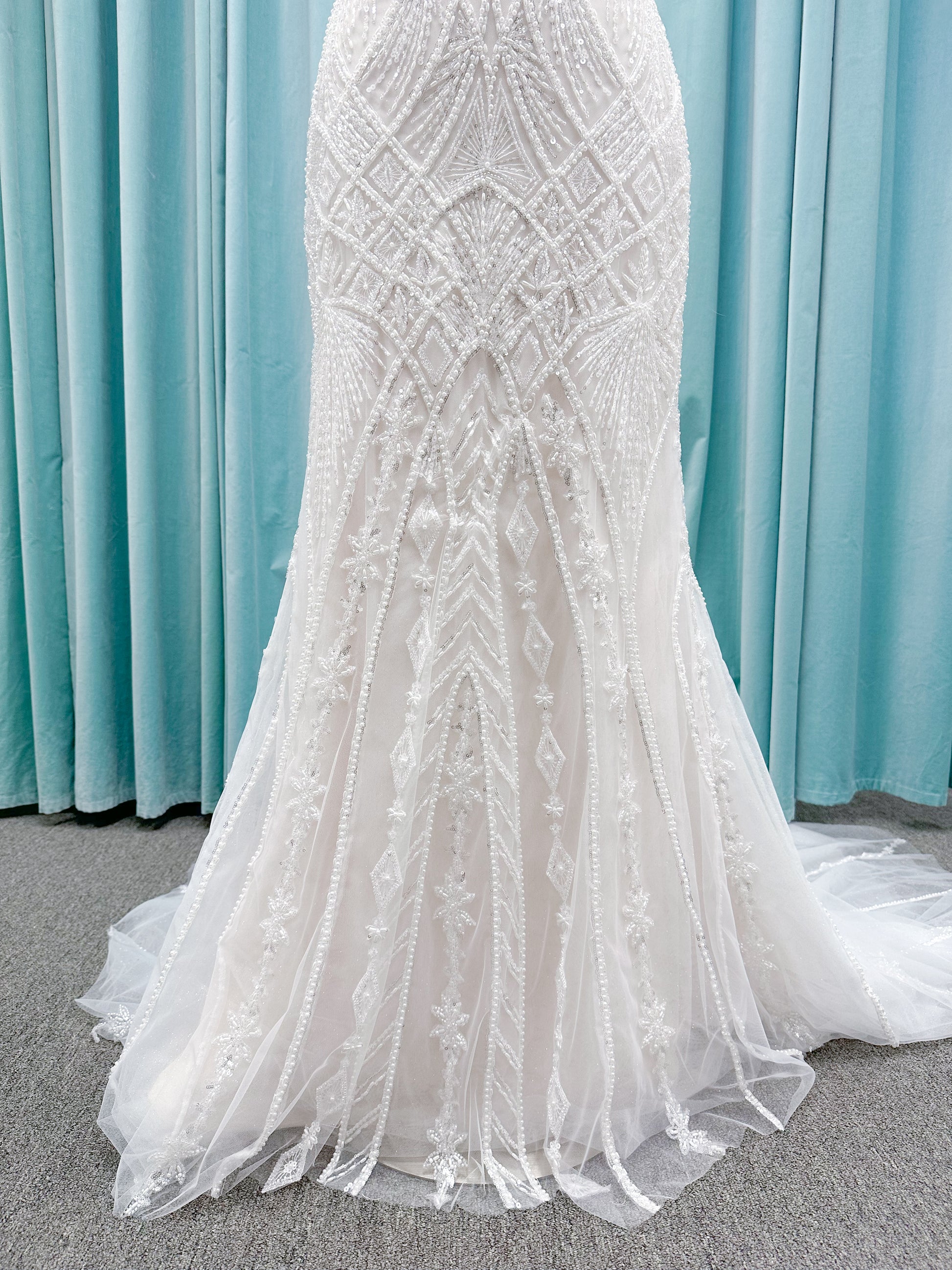 Tori Fit and Flare Wedding Dress in Ivory/Light Champagne, Size 14 — intricate beading, geometric embellishments, fit and flare silhouette
