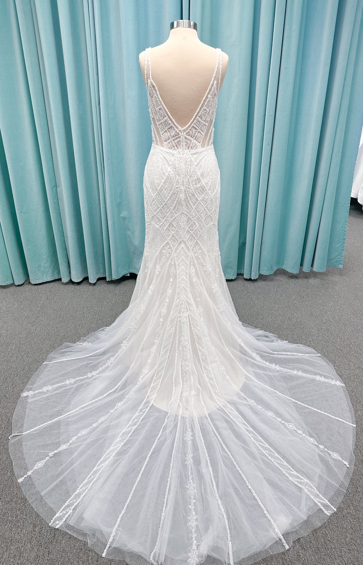 Tori Fit and Flare Wedding Dress in Ivory/Light Champagne, Size 14 — intricate beading, geometric embellishments, fit and flare silhouette