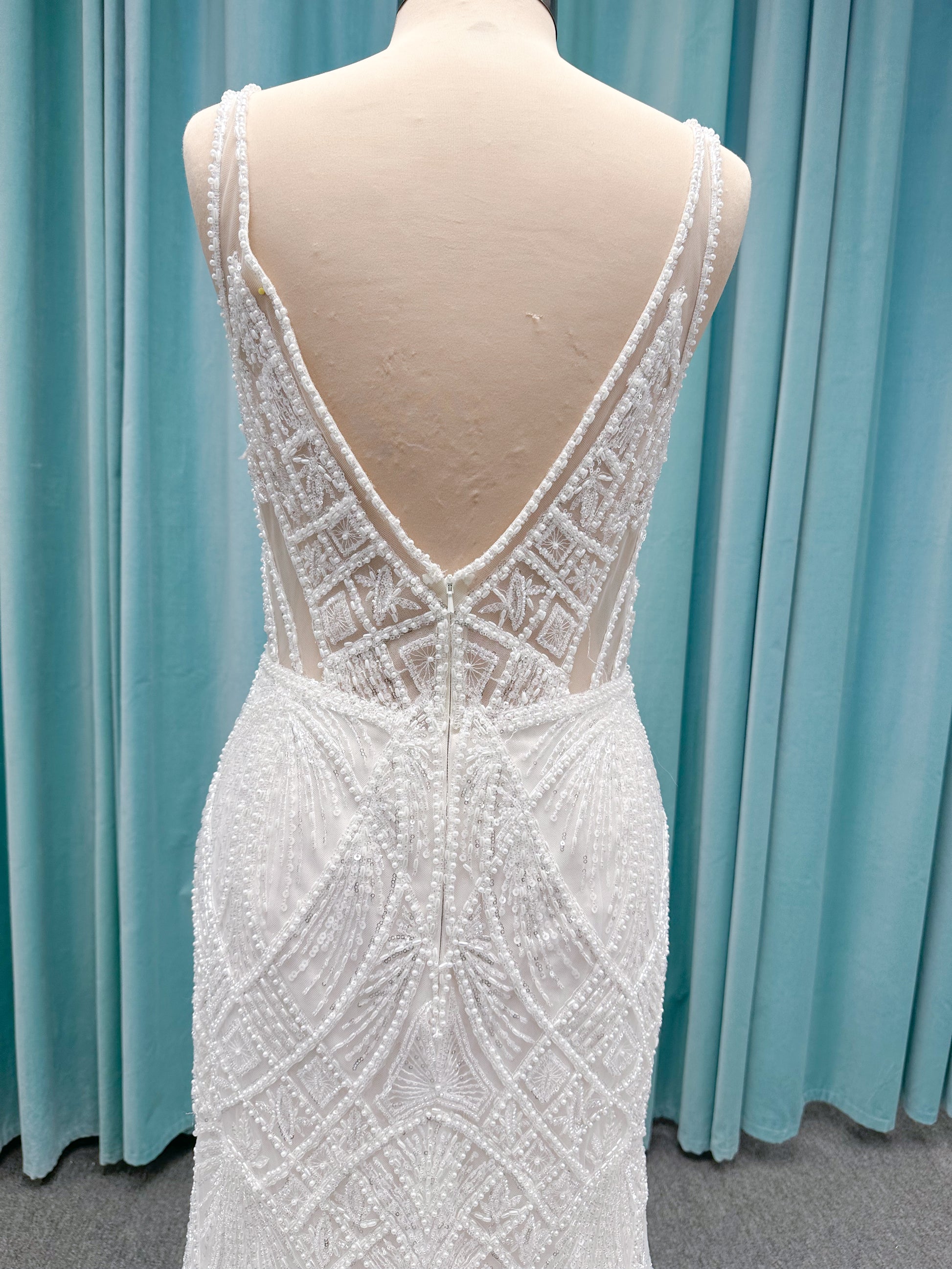 Tori Fit and Flare Wedding Dress in Ivory/Light Champagne, Size 14 — intricate beading, geometric embellishments, fit and flare silhouette