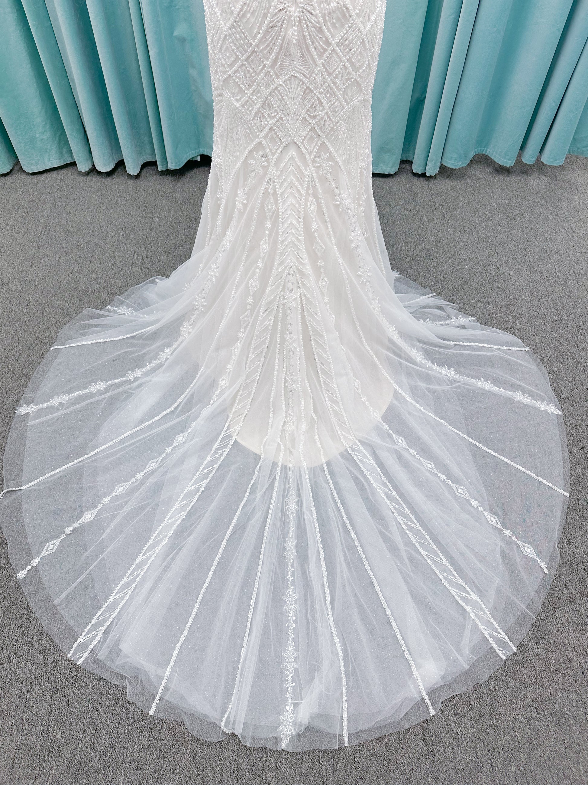 Tori Fit and Flare Wedding Dress in Ivory/Light Champagne, Size 14 — intricate beading, geometric embellishments, fit and flare silhouette