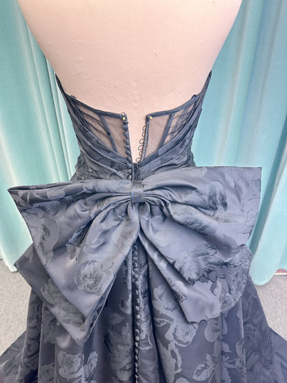 Wednesday Ballgown Wedding Dress in Black Brocade, Size 10 — floral jacquard, strapless neckline, oversized bow back