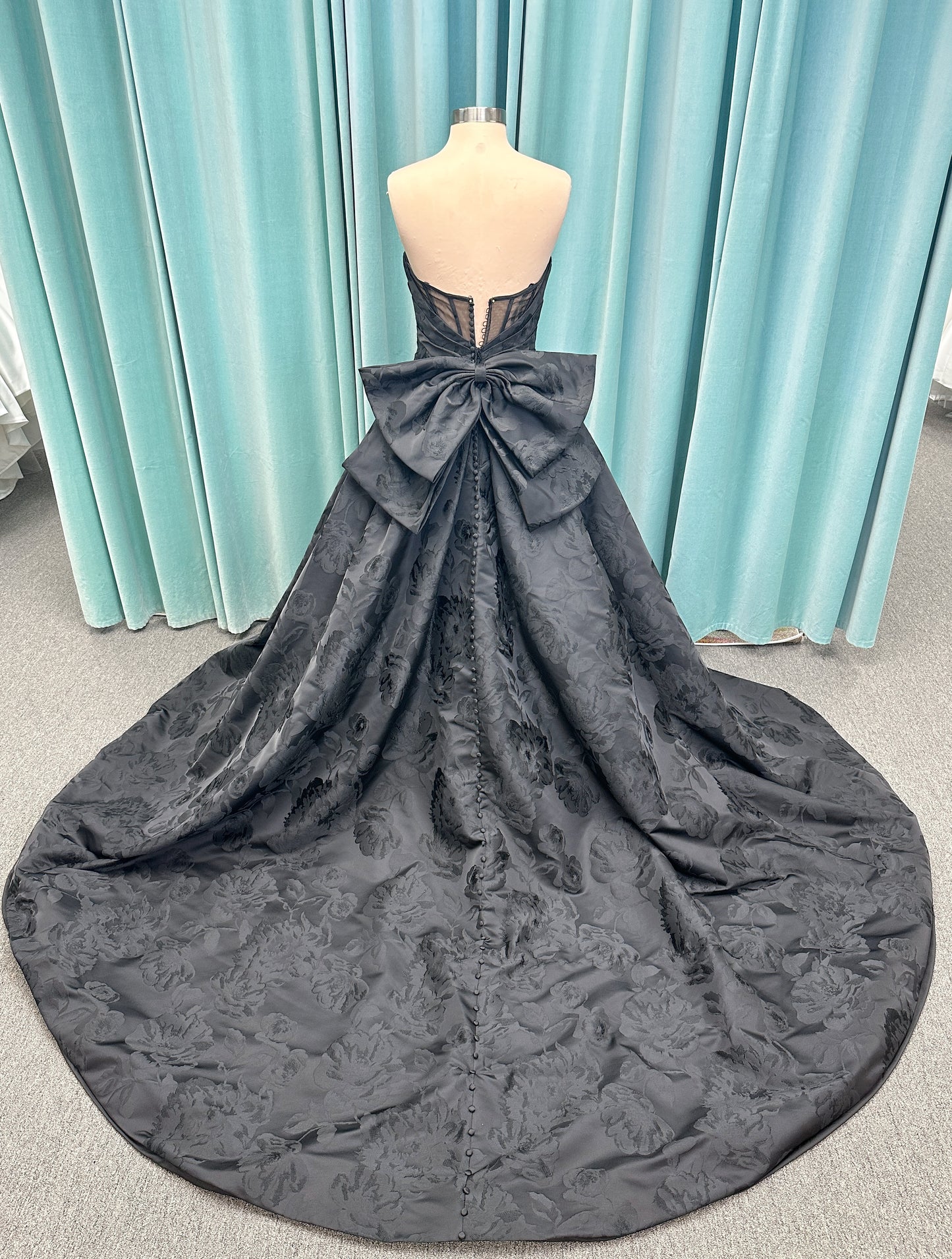 Wednesday Ballgown Wedding Dress in Black Brocade, Size 10 — floral jacquard, strapless neckline, oversized bow back