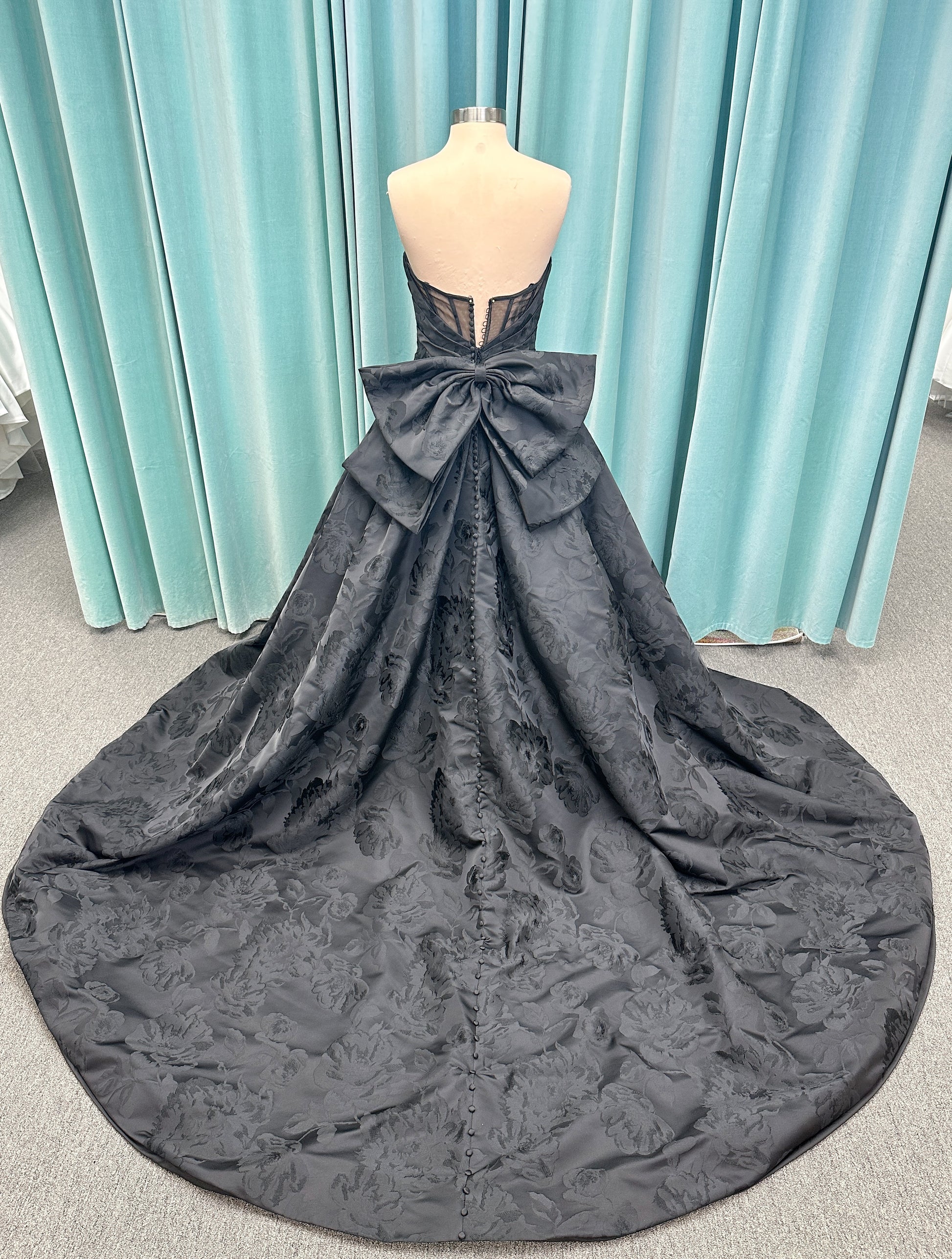 Wednesday Ballgown Wedding Dress in Black Brocade, Size 10 — floral jacquard, strapless neckline, oversized bow back