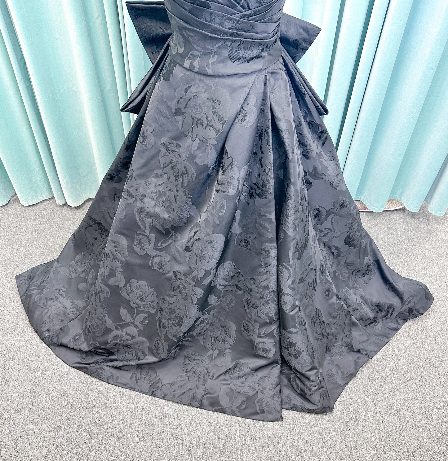 Wednesday Ballgown Wedding Dress in Black Brocade, Size 10 — floral jacquard, strapless neckline, oversized bow back