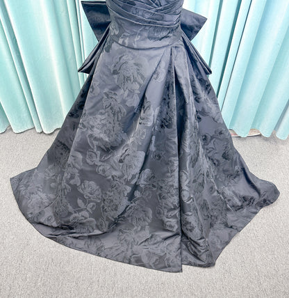 Wednesday Ballgown Wedding Dress in Black Brocade, Size 10 — floral jacquard, strapless neckline, oversized bow back