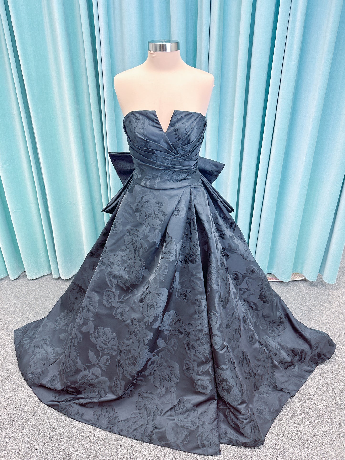 Wednesday Ballgown Wedding Dress in Black Brocade, Size 10 — floral jacquard, strapless neckline, oversized bow back