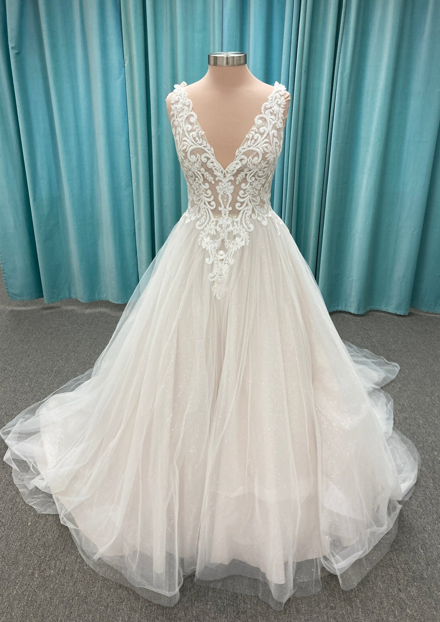 V Neck Wedding Dress with Lace accents and tulle ballgown skirt