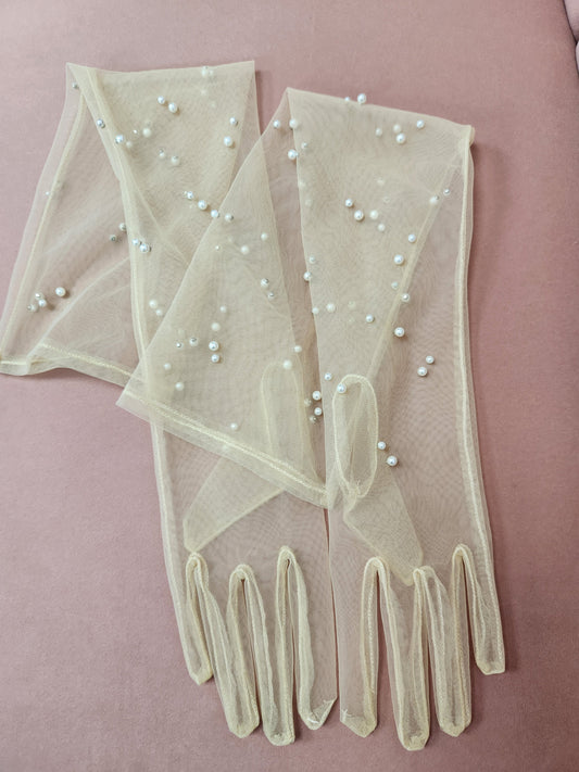 Nude Pearl  Wedding Elbow Length Glove