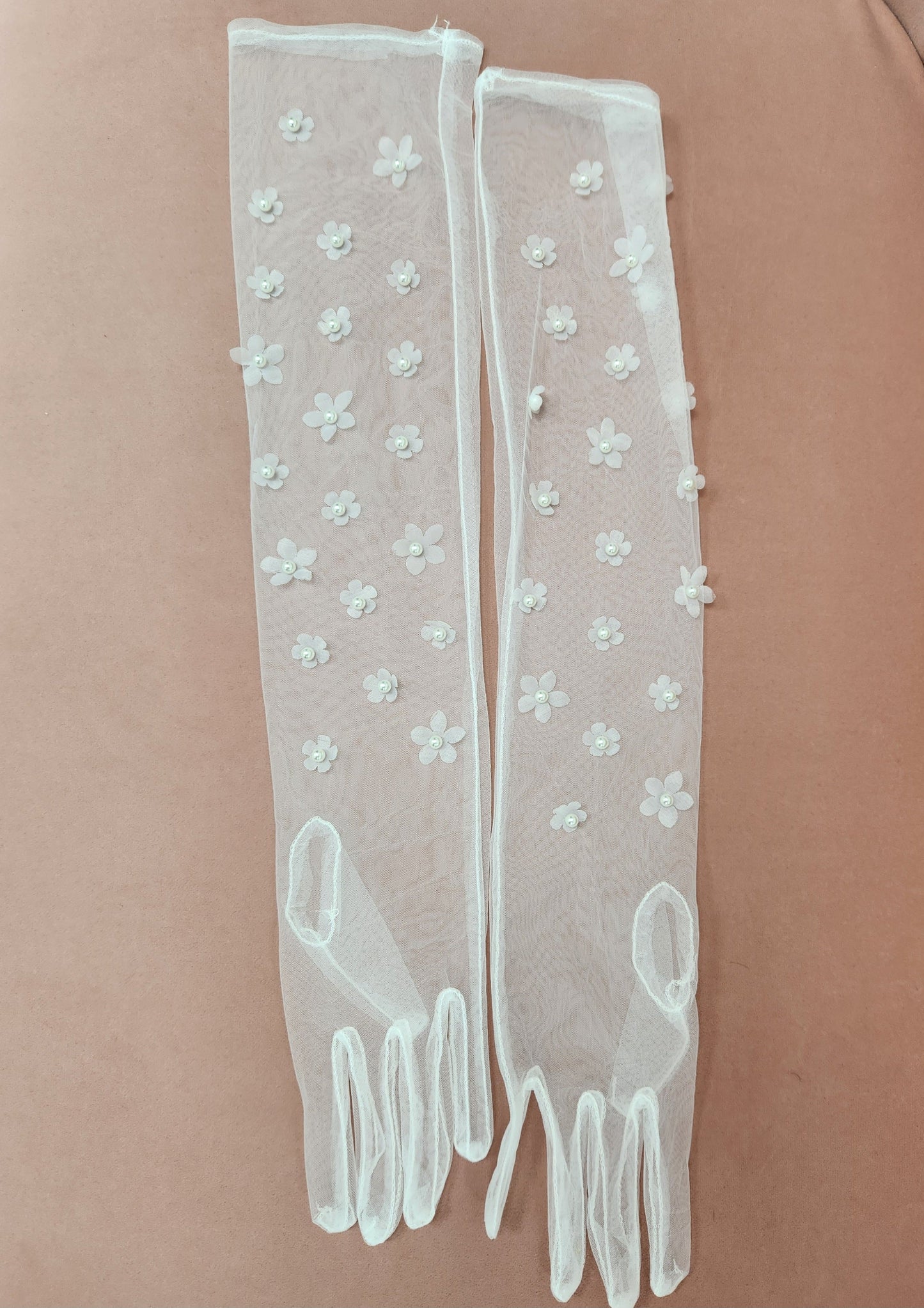 3d Flower and Pearl  Wedding Elbow Length Glove