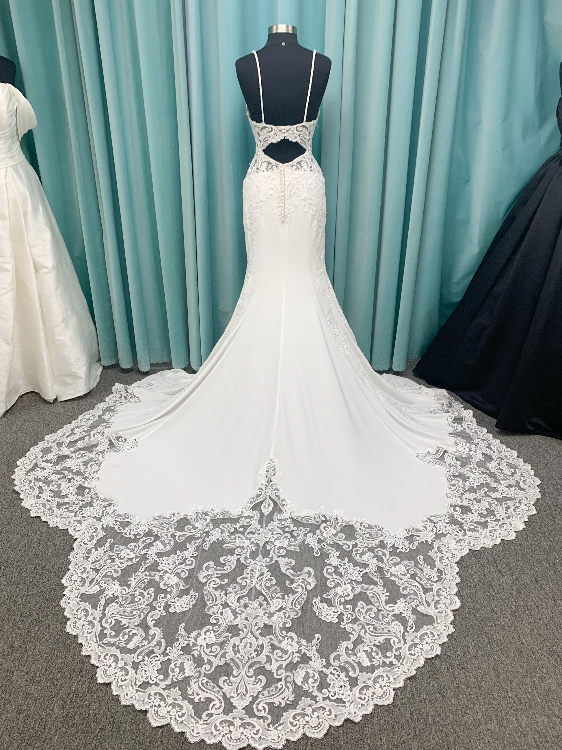Morilee Lizzie style 8283 V-neck beaded crepe sheath wedding dress with sheer side panels and keyhole back, size 10