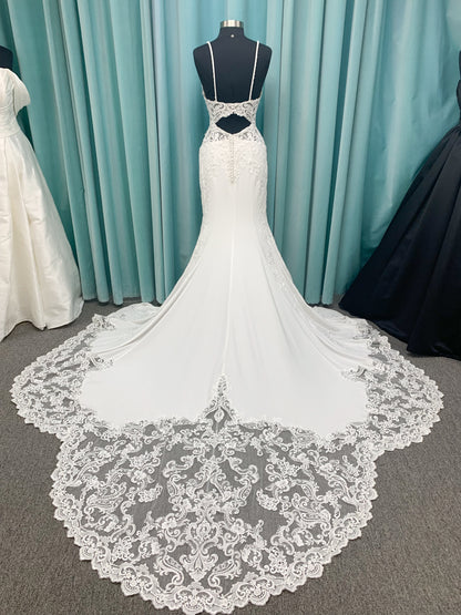 Morilee Lizzie style 8283 V-neck beaded crepe sheath wedding dress with sheer side panels and keyhole back, size 10