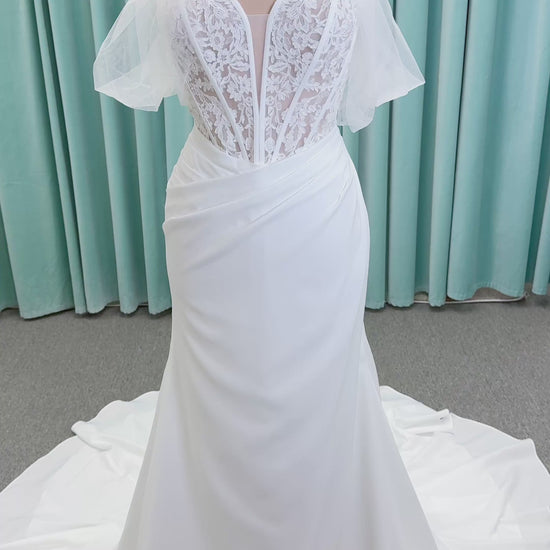 Morilee 1050008 Plie fit and flare wedding dress on mannequin with fluid draping and clean silhouette