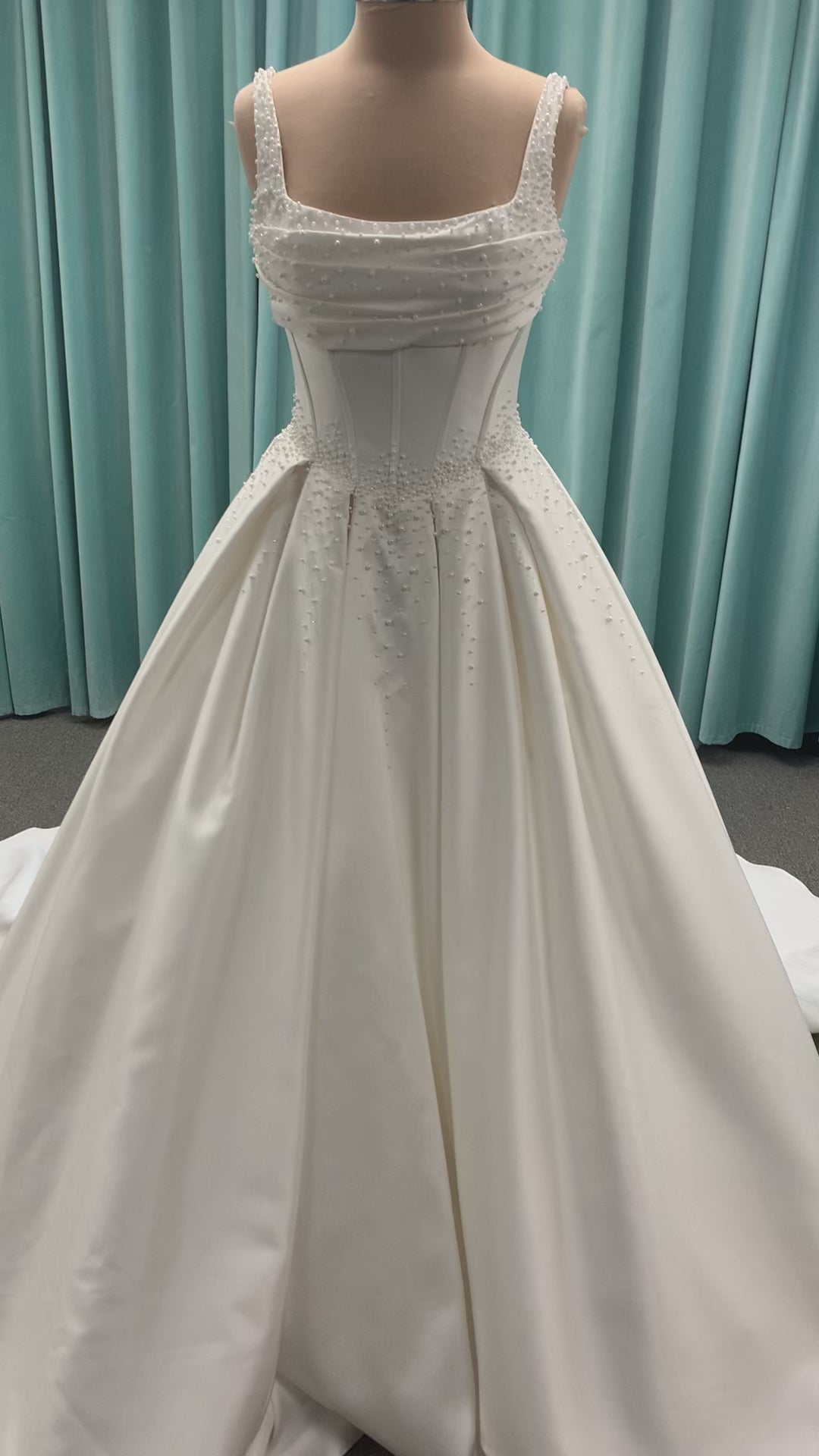 Essense of Australia D4418 Mikado ballgown with draped square neckline, ruched bodice, cascading pearl straps, and full pleated skirt