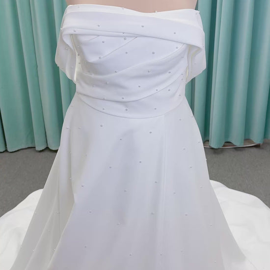 Georgia Plus Size Ballgown Wedding Dress in Ivory, Size 22 — satin, pearl embellishments, off-the-shoulder detail