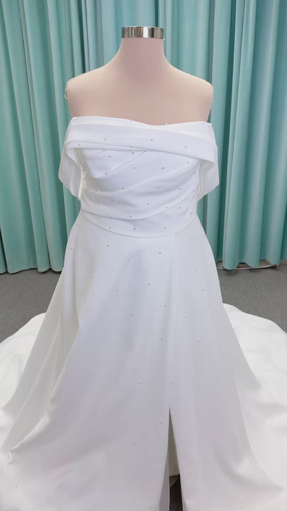 Georgia Plus Size Ballgown Wedding Dress in Ivory, Size 22 — satin, pearl embellishments, off-the-shoulder detail