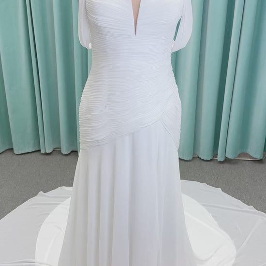 Morilee 15053 Parvati ballgown wedding dress on mannequin with draped chiffon bodice, plunging sweetheart neckline, and detachable off-the-shoulder sleeves