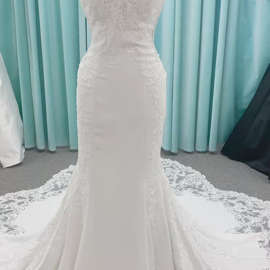 Morilee Lizzie style 8283 V-neck beaded crepe sheath wedding dress with sheer side panels and keyhole back, size 10