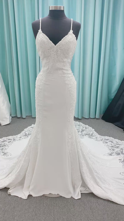 Morilee Lizzie style 8283 V-neck beaded crepe sheath wedding dress with sheer side panels and keyhole back, size 10