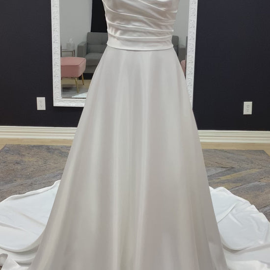 Morilee Pierce 2634 ivory satin A-line wedding dress with ruched strapless sweetheart bodice and covered buttons down the back.