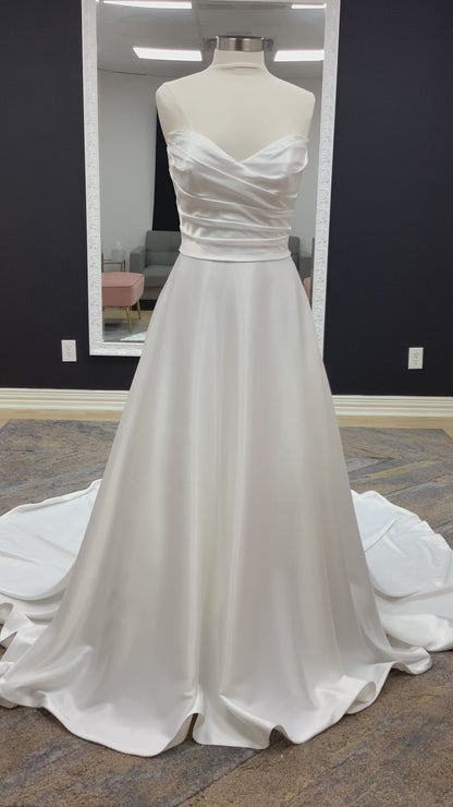 Morilee Pierce 2634 ivory satin A-line wedding dress with ruched strapless sweetheart bodice and covered buttons down the back.