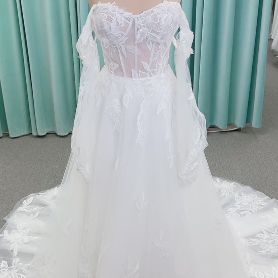 Marshall A-line Wedding Dress in Ivory, Size 14 — floral appliqués, romantic bodice, sweeping skirt