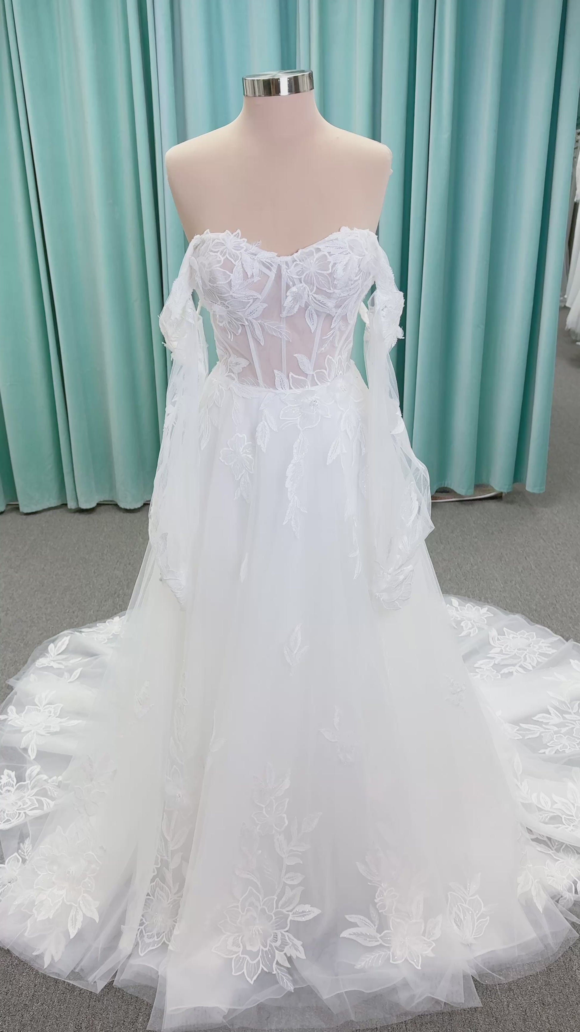 Marshall A-line Wedding Dress in Ivory, Size 14 — floral appliqués, romantic bodice, sweeping skirt