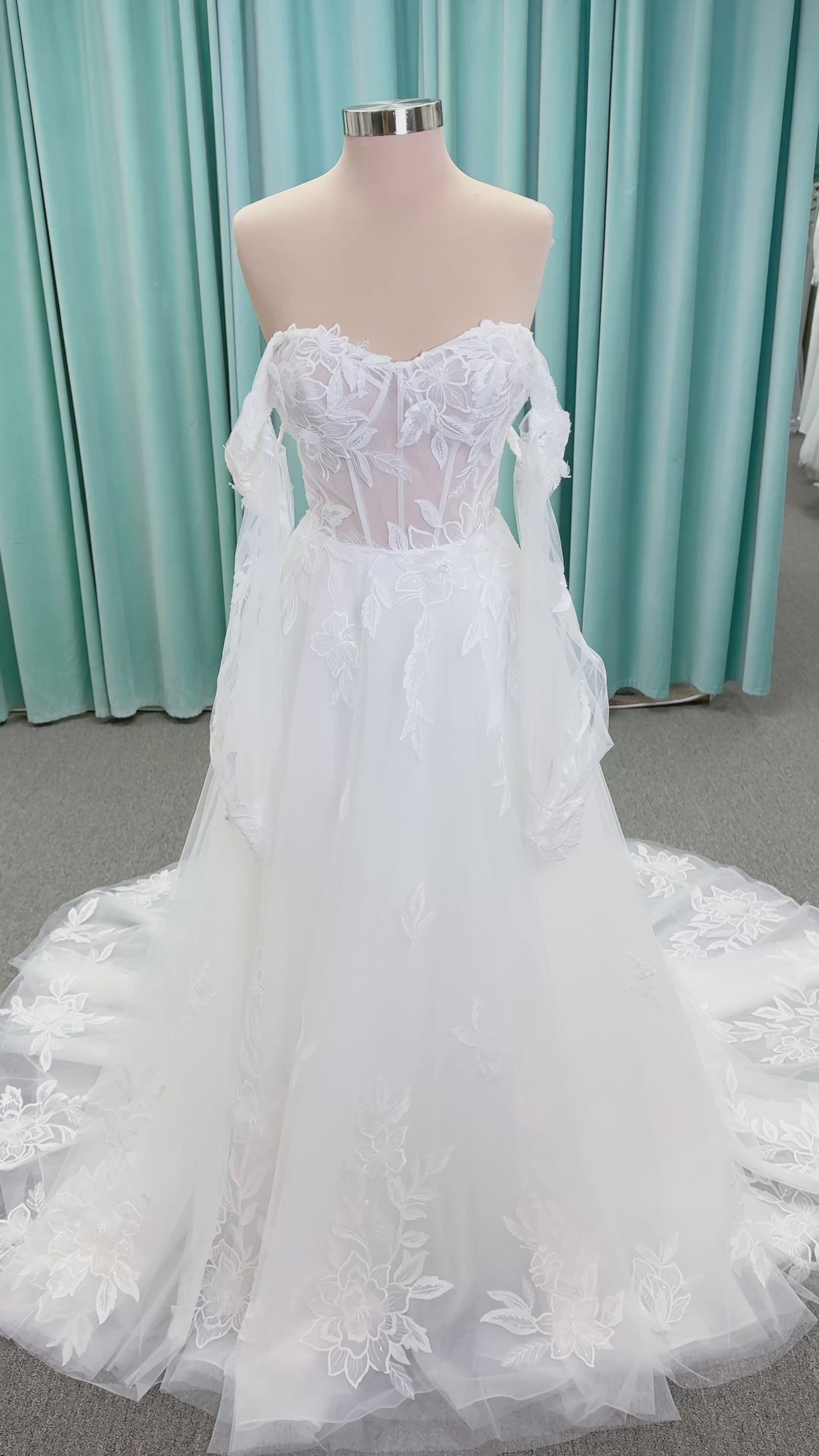 Marshall A-line Wedding Dress in Ivory, Size 14 — floral appliqués, romantic bodice, sweeping skirt