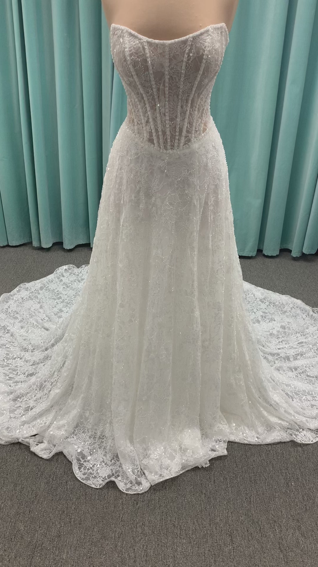 Essense of Australia D4176 strapless sparkling A-line wedding dress with basque waist and high slit