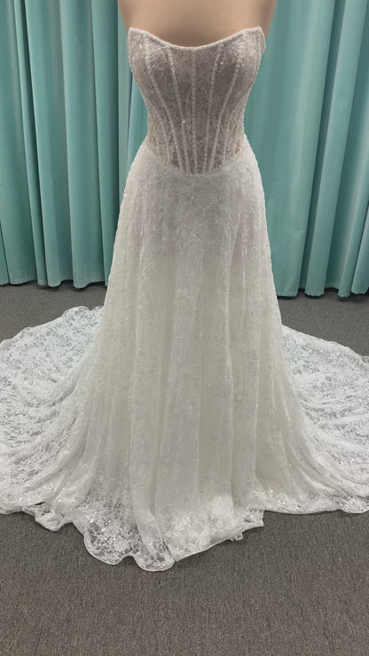 Essense of Australia D4176 strapless sparkling A-line wedding dress with basque waist and high slit
