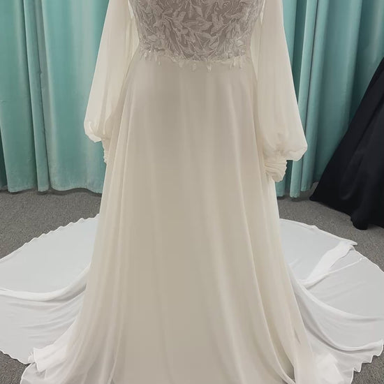 Plus size lace A-line wedding dress with detachable long blouson sleeves and flowing chiffon skirt