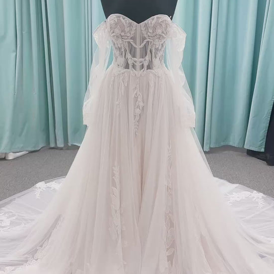 Betty A-line Wedding Dress in Ivory/Champagne, Size 10 — sheer corset bodice, floral lace, sweetheart neckline