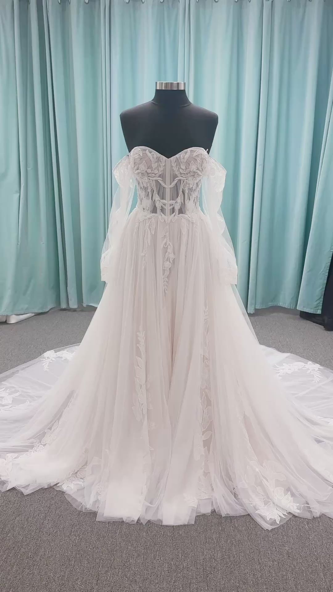 Betty A-line Wedding Dress in Ivory/Champagne, Size 10 — sheer corset bodice, floral lace, sweetheart neckline