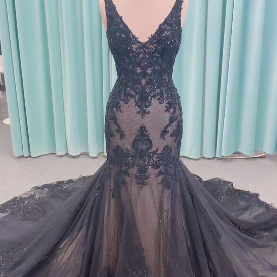 Drusilla Mermaid Wedding Dress in Black/Nude, Size 12 — lace appliqués, subtle sparkle, mermaid flare hem